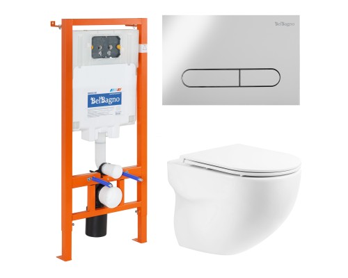 Комплект унитаза с инсталляцией BelBagno Onda BB066CHR/BB870SC/BB002-80/BB005-PR-CHROME с сиденьем Микролифт и клавишей смыва Хром глянцевый