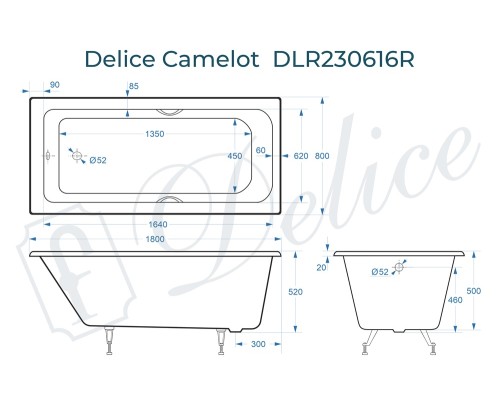 Ванна чугунная Delice Camelot 180х80 с отверстиями под ручки