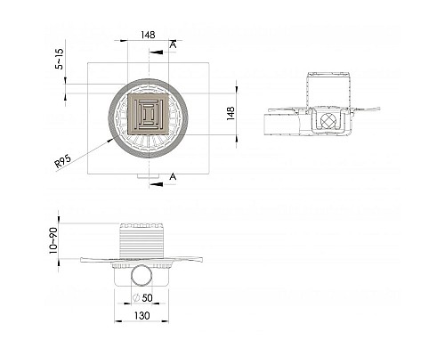 Трап BERGES ZENTRUM Uno 150х150 матовый хром выпуск D50 H65 боковой