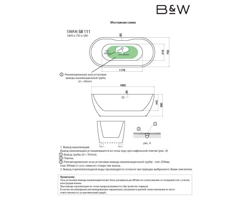 Акриловая ванна Black&White SB 111 Black отдельностоящая 180x75