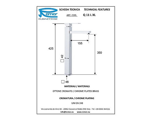 Смеситель для раковины Remer Qubica Q11LXL Хром
