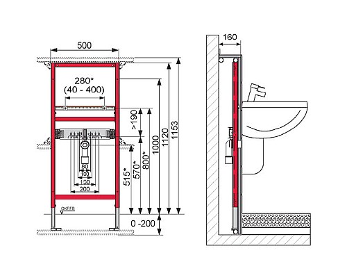 Инсталляция для раковины TECE 9310000 высота 1120 мм
