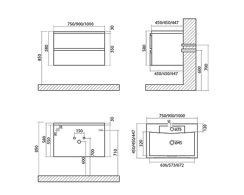 Тумба под раковину Art&Max AM-Bianchi-1000-2C-SO-GM подвесная Серый матовый