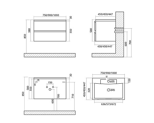 Тумба под раковину Art&Max AM-Bianchi-1000-2C-SO-BM подвесная Белый матовый