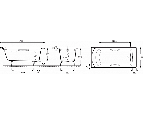 Ванна Jacob Delafon 170 x 75 см с отверстиями для ручек E2938-00