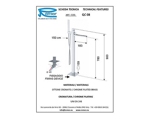 Смеситель для ванны Remer Qubica Cascata QC08 Хром