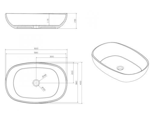 Раковина-чаша Abber Kristall 60 AT2805Onyx Черная