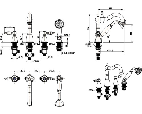 Смеситель на борт ванны Boheme Royal Cristal 395-Royal Золото