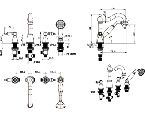 Смеситель на борт ванны Boheme Royal Cristal 395-Royal Золото