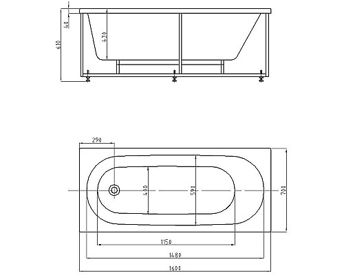Акриловая ванна Aquatek Оберон 160х70 OBR160-0000039 без панелейсо слив-переливом