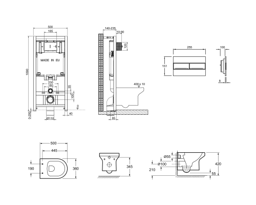 Комплект унитаза с инсталляцией Jacob Delafon Elite E21742RU-00 с сиденьем Микролифт и клавишей смыва