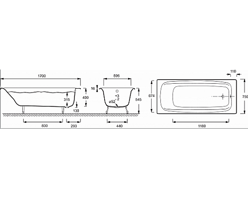 Ванна Jacob Delafon 170 х 75 см без отверстий для ручек E293700