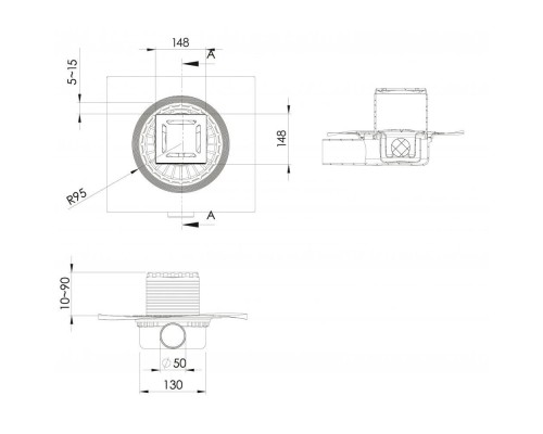 Трап BERGES ZENTRUM Norma 150х150 золото глянец выпуск D50 H65 боковой