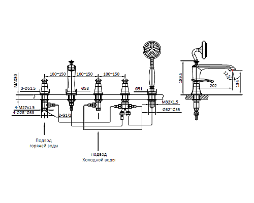 Смеситель на борт ванны с душем AltroBagno Beatrice 020103 Or