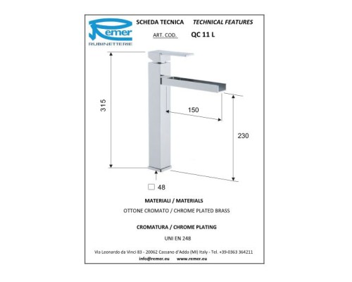 Смеситель для раковины Remer Qubica Cascata QC11L Хром
