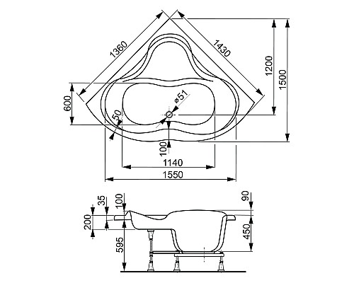 Акриловая ванна VAGNERPLAST IRIS 143 VPBA143IRI3X-04