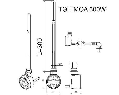 Электрический ТЭН Terma MOA 300W черн с вилкой