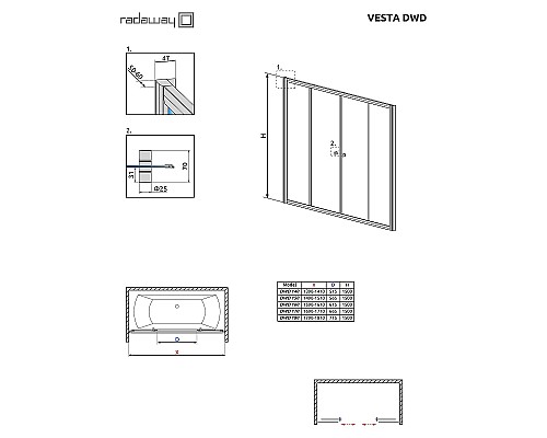Шторка на ванну Radaway Vesta DWD 160 203160-01 профиль Хром стекло прозрачное