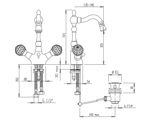 Смеситель для биде Cezares Atlantis ATLANTIS-BS2-02-Sw Бронза кристаллы Swarovski