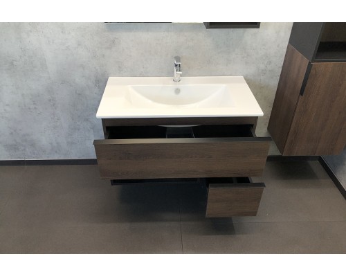 Тумба с раковиной Comforty Франкфурт 90 00004150657 подвесная Дуб шоколадно-коричневый с Белой раковиной