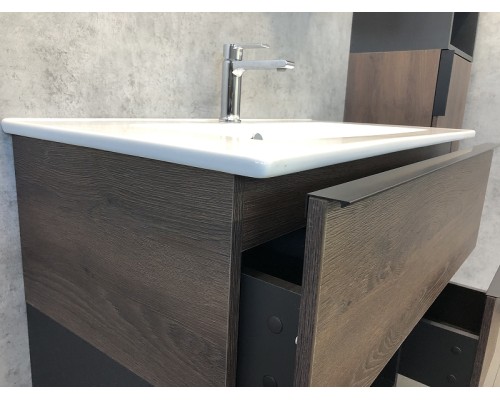 Тумба с раковиной Comforty Франкфурт 90 00004150657 подвесная Дуб шоколадно-коричневый с Белой раковиной