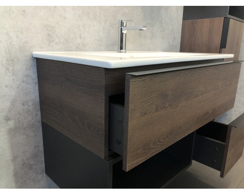 Тумба с раковиной Comforty Франкфурт 90 00004150657 подвесная Дуб шоколадно-коричневый с Белой раковиной