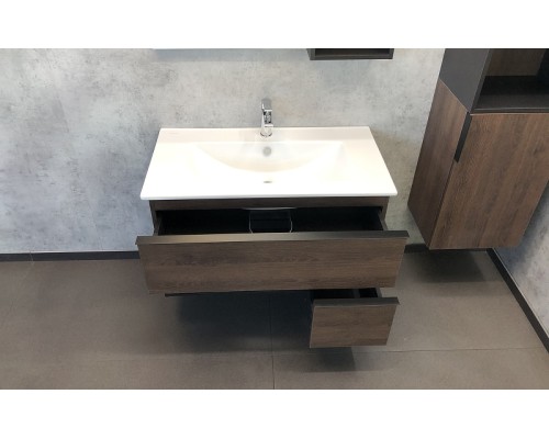 Тумба с раковиной Comforty Франкфурт 90 00004150657 подвесная Дуб шоколадно-коричневый с Белой раковиной