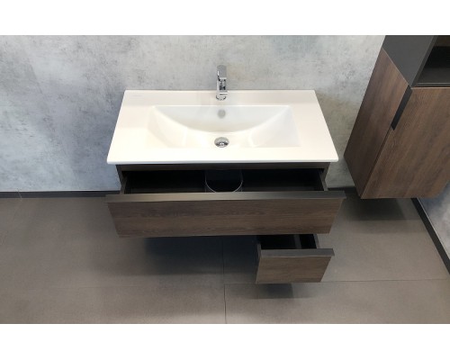 Тумба с раковиной Comforty Франкфурт 90 00004150657 подвесная Дуб шоколадно-коричневый с Белой раковиной