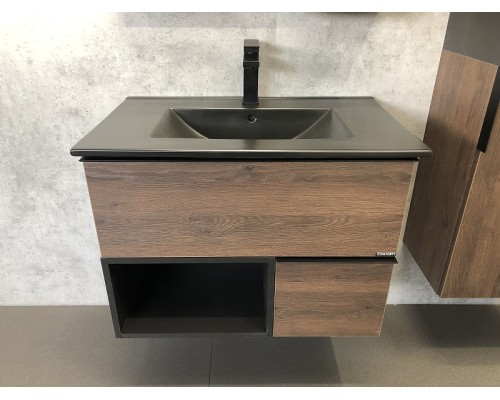 Тумба с раковиной Comforty Франкфурт 75 00-00000889 подвесная Дуб шоколадно-коричневый Черная матовая