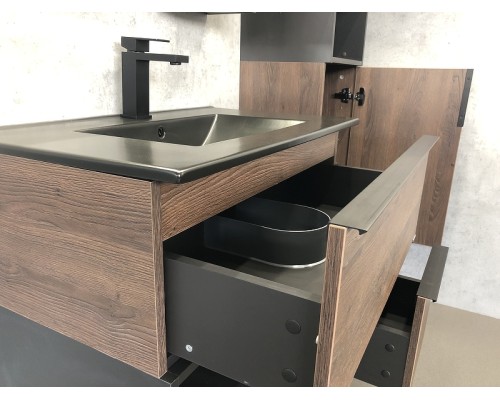 Тумба с раковиной Comforty Франкфурт 75 00-00000889 подвесная Дуб шоколадно-коричневый Черная матовая