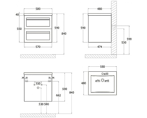 Тумба под раковину Art&Max AM-Platino-580-2C-SO-NM подвесная Черная матовая