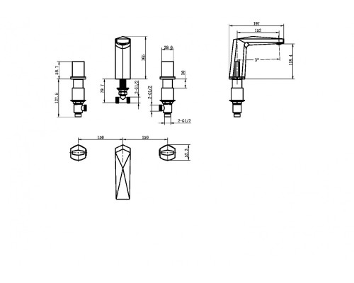 Смеситель врезной на 3отв. Boheme Venturo белый-хром, ручка ICE
