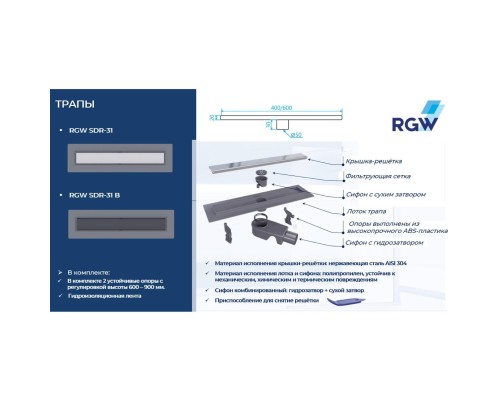 Душевой лоток RGW SDR-31B 47213140-04 с Черной решеткой