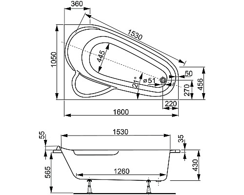 Акриловая ванна VAGNERPLAST SELENA 160 Right VPBA163SEL3PX-04