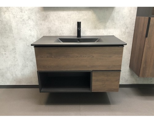 Тумба с раковиной Comforty Франкфурт 90 00-00002048 подвесная Дуб шоколадно-коричневый Черная матовая