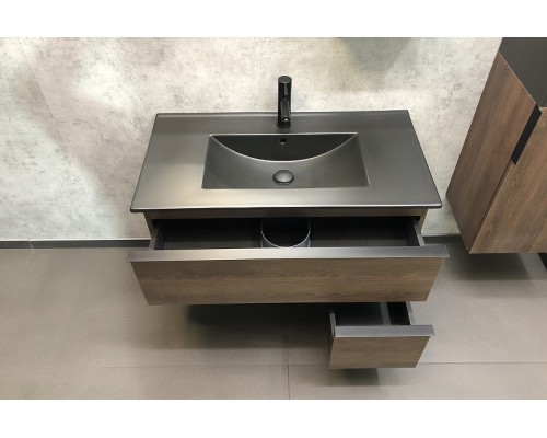 Тумба с раковиной Comforty Франкфурт 90 00-00002048 подвесная Дуб шоколадно-коричневый Черная матовая
