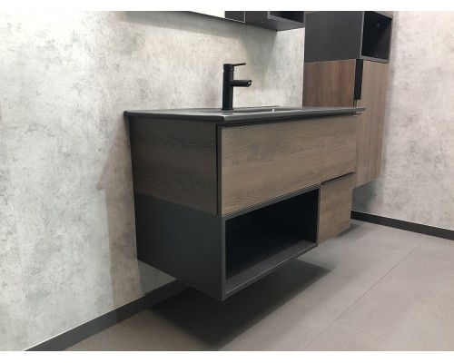 Тумба с раковиной Comforty Франкфурт 90 00-00002048 подвесная Дуб шоколадно-коричневый Черная матовая