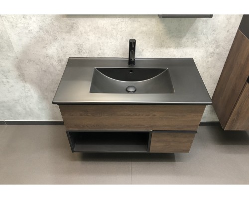 Тумба с раковиной Comforty Франкфурт 90 00-00002048 подвесная Дуб шоколадно-коричневый Черная матовая