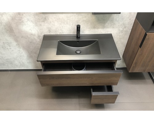 Тумба с раковиной Comforty Франкфурт 90 00-00002048 подвесная Дуб шоколадно-коричневый Черная матовая