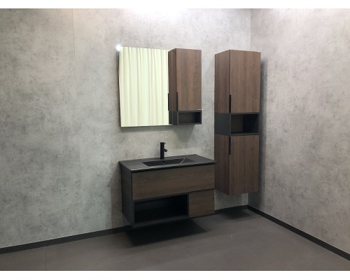 Тумба с раковиной Comforty Франкфурт 90 00-00002048 подвесная Дуб шоколадно-коричневый Черная матовая