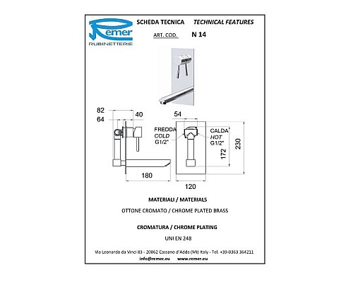 Смеситель для раковины Remer Minimal N14 Хром
