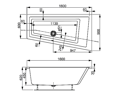 Акриловая ванна VAGNERPLAST CAVALLO OFFSET 160 Right VPBA169CAV3PX-04