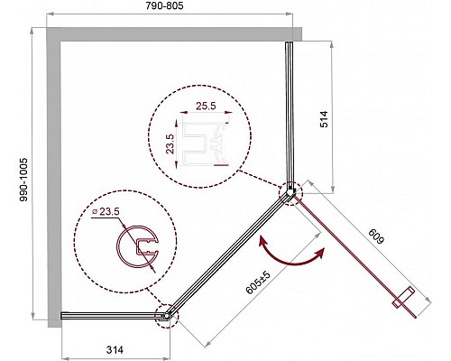 Душевой уголок BelBagno Uno 100х80 UNO-195-PH-1-100/80-C-Cr Хром
