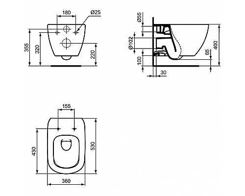 Комплект унитаза с инсталляцией Ideal Standard Tesi T386801 с сиденьем Микролифт