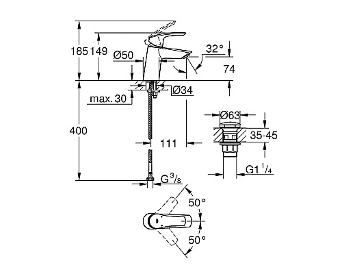 Смеситель для раковины Grohe Eurosmart 23968003 Хром