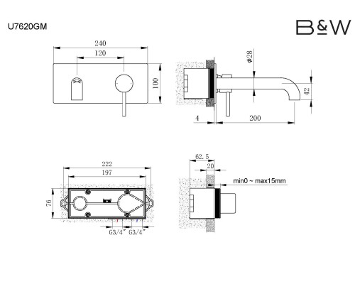 Смеситель для раковины Black&White Universe U7620GM Gun Metal