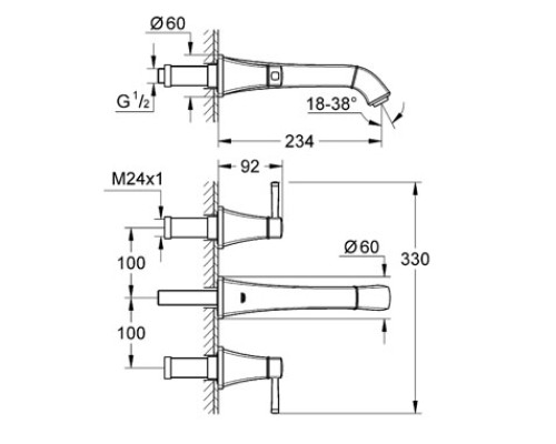 Смеситель Grohe для раковины на 3 отверстия 234 мм