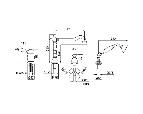 Смеситель на борт ванны Migliore Oxford 19154 Хром Золото