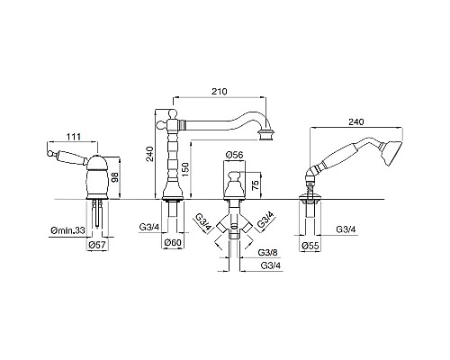Смеситель на борт ванны Migliore Oxford 19154 Хром Золото