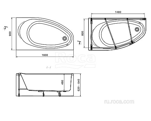 Акриловая ванна Roca Corfu 160x90 асимметричная правая белая 248574000